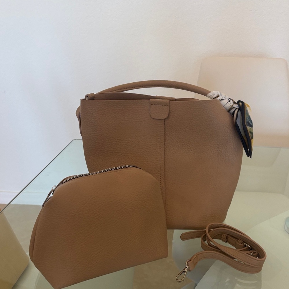 Tan Leather Tote Bag with Removable Pouch